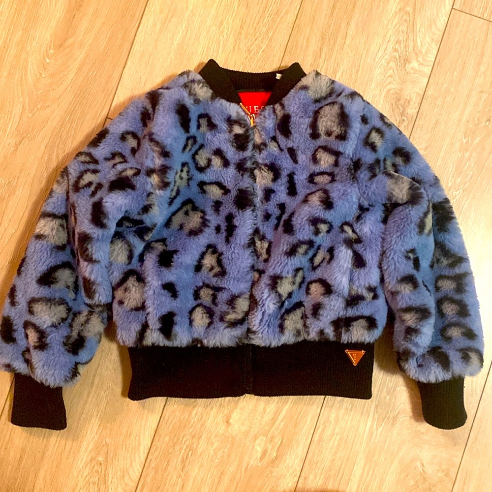 Girls Guess blue leopard faux fur bomber jacket